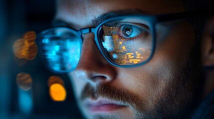 focused developer coder wears glasses working on computer looking at programming code data cyber sec
