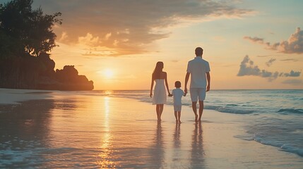 A elegant family in white summer clothing walks hand in hand down a tropical paradise beach during sunset tme and enjoys their vacation time : Generative AI