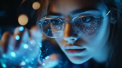 Aufkleber - Metaverse and Blockchain Technology Concepts Person with Glasses try to Touching Object for Experiences of Metaverse Virtual World Futuristic Tone : Generative AI