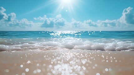 Poster - Natural blurred defocused background for concept summer vacation Nature of tropical summer beach with rays of sunlight Light sand beach ocean water sparkles against blue sky : Generative AI