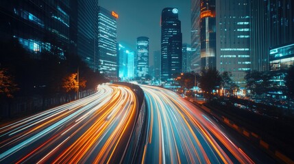 Poster - A time-lapse photo of traffic moving around a tall building, with streaks of lights creating a sense of motion and energy in the urban environment.