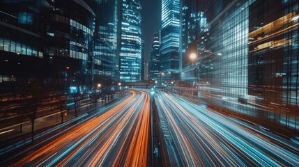 Poster - A time-lapse photo of traffic moving around a tall building, with streaks of lights creating a sense of motion and energy in the urban environment.