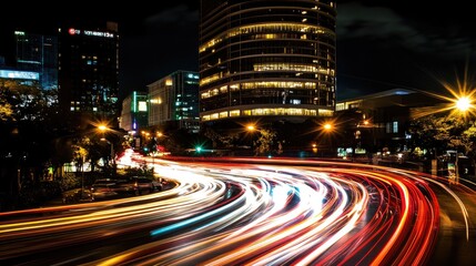Poster - A time-lapse photo of traffic moving around a tall building, with streaks of lights creating a sense of motion and energy in the urban environment.