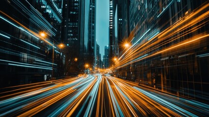 Poster - A time-lapse photo of traffic moving around a tall building, with streaks of lights creating a sense of motion and energy in the urban environment.