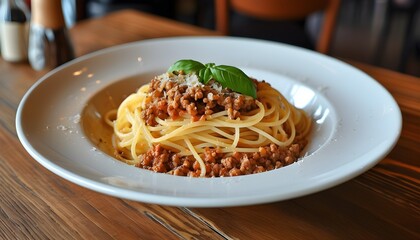 Delicious Spaghetti Bolognese beautifully plated on rustic wooden table in charming Italian restaurant setting