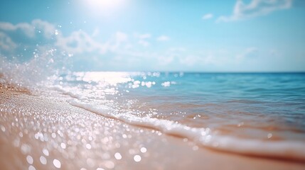 Poster - Natural blurred defocused background for concept summer vacation Nature of tropical summer beach with rays of sunlight Light sand beach ocean water sparkles against blue sky : Generative AI