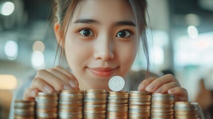 Wall Mural - Young Asian woman making stack of coin invest save finance concept saving money investment : Generative AI