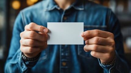Poster - Man wearing blue jeans shirt and showing blank white business card Blurred background Horizontal mockup : Generative AI