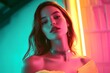 © BCFC - A stunning image of a beautiful young woman illuminated by vibrant neon lighting, exuding a glamorous, modern vibe with a chic and sophisticated mood.