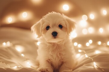 A small white dog is sitting on the floor in front of a curtain, generative ai image