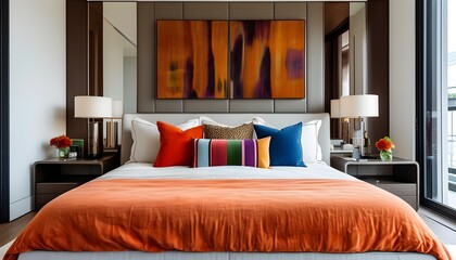 Stylish modern bedroom adorned with vibrant cushions on a contemporary bed design