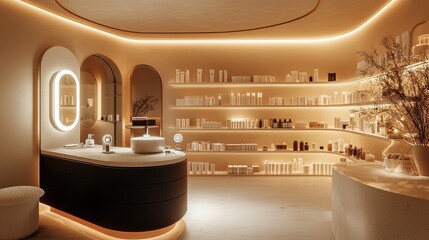 AI-powered skincare station with smart mirror in a modern and elegant beauty store setting featuring warm ambient lighting and shelves stocked with skincare products