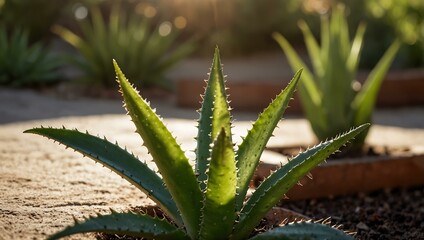 Aloe vera plant in soft sunlight.