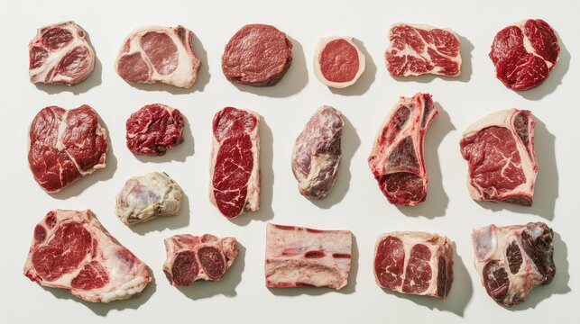 A vibrant display of different meat types, including lamb, beef, and pork, set against a light background, showcasing their rich colors and textures.