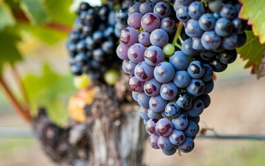 Ripe wine grapes. Close-up of ripe, juicy wine grapes hanging from a vine, ready for harvest. The grapes symbolize abundance, the fruits of labor, and the joy of the harvest season.