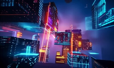 Poster - A cityscape with neon lights and a futuristic feel Video