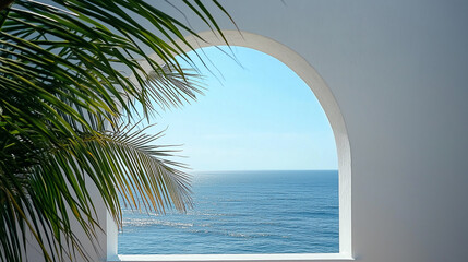 A view of the ocean from a window with a palm tree in the foreground