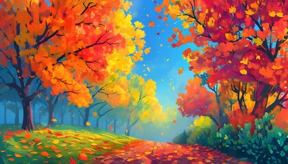 Wall Mural - harmonious landscape of brilliant autumn foliage with a mix of fiery reds, oranges, and yellows under a clear blue sky