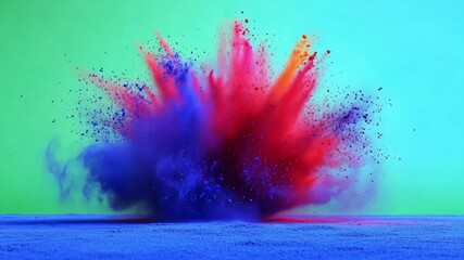Poster - Colorful powder is exploding on a green screen background, creating a vibrant spectrum of colors. This dynamic image is perfect for projects that require a burst of energy and excitement