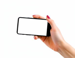 A hand holding a black smartphone with a blank white screen, white background