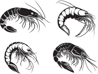 A set of vector simple cartoon-style shrimp tattoo design, black and white