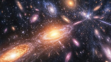 Wall Mural - astronomical scene of expanding galaxies and nebula clouds, representing the big bang's energy