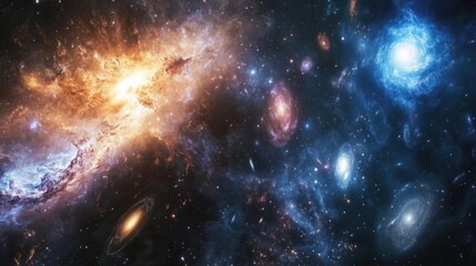 Wall Mural - astronomical scene of expanding galaxies and nebula clouds, representing the big bang's energy
