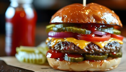 Wall Mural - Mouthwatering close-up of a double hamburger highlighting delicious layers of ingredients in a fast food setting