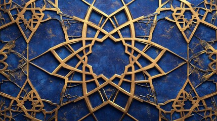 Wall Mural - Intricate gold geometric pattern on textured blue background.