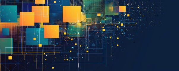Poster - abstract background featuring blue and yellow geometric shapes with digital grid design and dynamic 