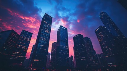 Poster - An evening shot of skyscrapers illuminated against the twilight sky, with clouds softly illuminated by city lights, creating a serene yet vibrant urban scene.