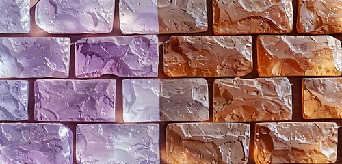 Wall Mural - minimalist crystal brick wall with one side in pastel purple and the other in rich brown, flat lay t