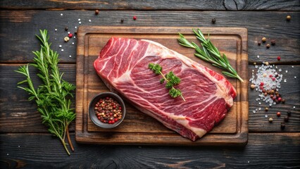 Fresh raw brisket beef meat prime cut on wooden board with herbs top view