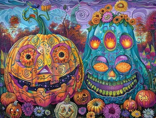 Wall Mural - Psychedelic Halloween background. Psychedelic Wall art. Vibrant illustration. Ideal for many projects: covers, cards, posters, invitations, product designs. AI generated.