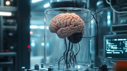 Poster - Human Brain Suspended in a Glass Jar in a Laboratory Setting