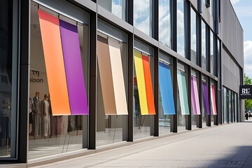 Wall Mural - Colorful window shades on a modern building facade.