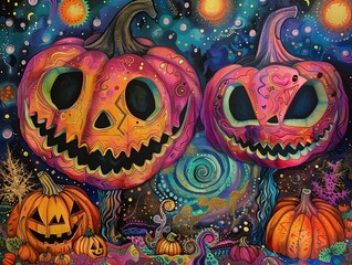 Wall Mural - Psychedelic Halloween background. Psychedelic Wall art. Vibrant illustration. Ideal for many projects: covers, cards, posters, invitations, product designs. AI generated.