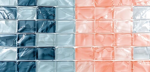 Wall Mural - minimalist crystal brick wall, one side in midnight blue and the other in pastel coral, modern flat 