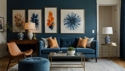 Wall Mural - Bright living room with a blue accent chair and artistic wall art.