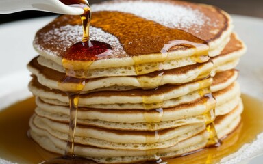 Pancake stack syrup. Stack of golden brown pancakes, drizzled with maple syrup, perfect breakfast treat.