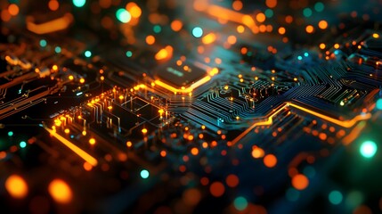 Poster - Close-up of a Circuit Board with Glowing Orange Lines and Bokeh Lights
