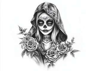 A monochromatic and artistic sketch illustrating a woman adorned in intricate sugar skull makeup with a hood and roses, blending tradition and timeless artistry.