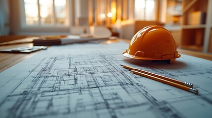 A close-up of an architect's desk showing a detailed blueprint, pencils, and a hard hat resting on the side. The soft lighting emphasizes the intricate details of the design and the workspace tools.