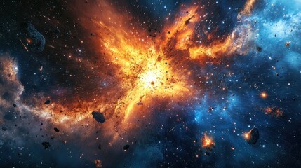 Wall Mural - cosmic scene with nebula clouds and exploding stars, symbolizing the chaotic energy of the big bang
