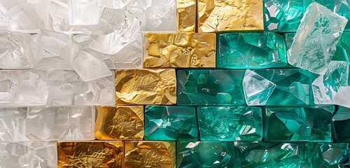 Wall Mural - minimalist crystal brick wall with half gold and half emerald combination, abstract design