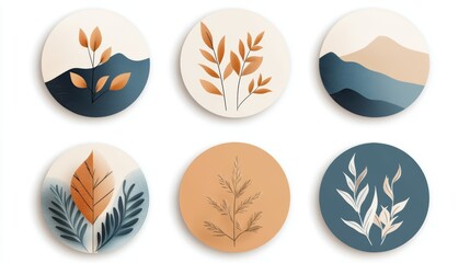 Wall Mural - A collection of round illustrations featuring abstract leaves and landscapes in earthy tones, perfect for home decor and design.