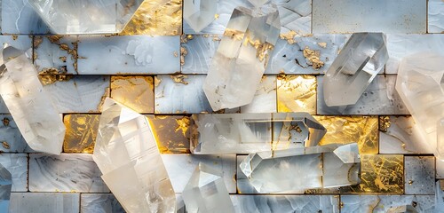 Wall Mural - minimalist crystal brick wall with gold and quartz combination, ethereal abstract background