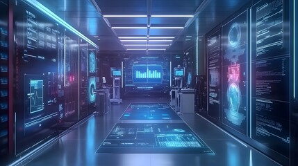 Poster - Futuristic Data Center Corridor with Blue and White Digital Displays