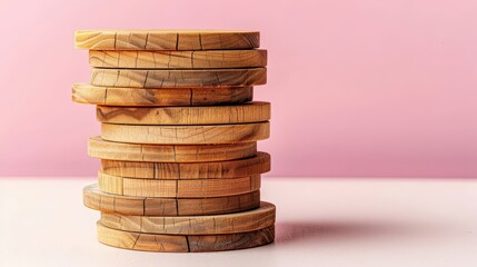 A tall stack of round wooden discs on a pink background. The layered arrangement of natural wood contrasts with the soft pink, symbolizing structure, growth, and planning with a minimalist style.