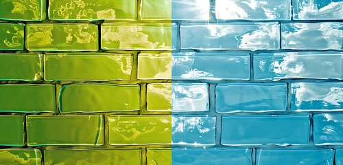 Wall Mural - abstract crystal brick wall, half in lime green and half in sky blue, elegant texture background.